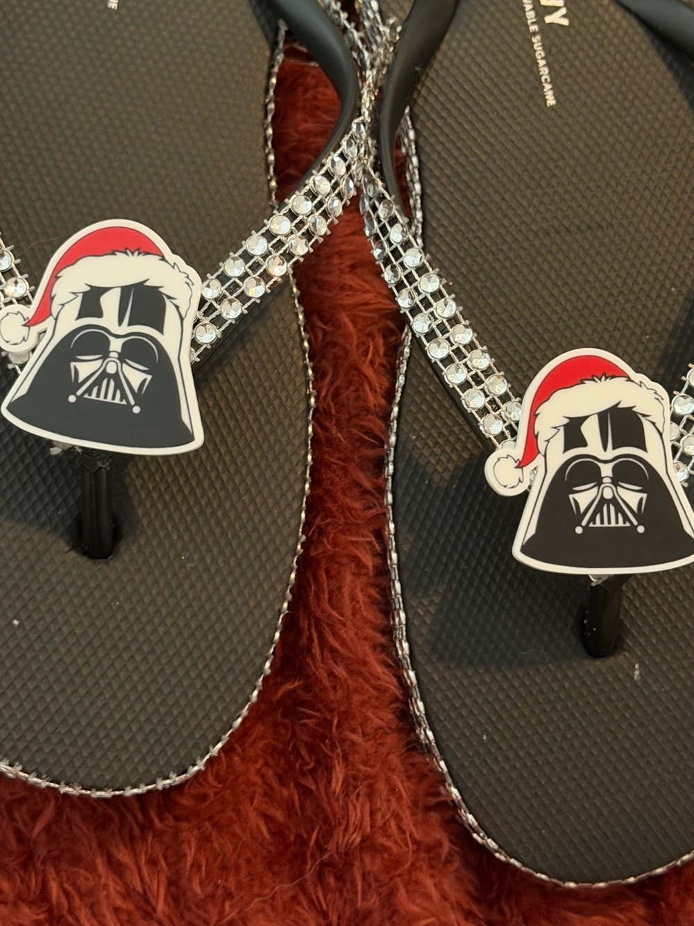 Embellished Black Flip Flops with Holiday Charm